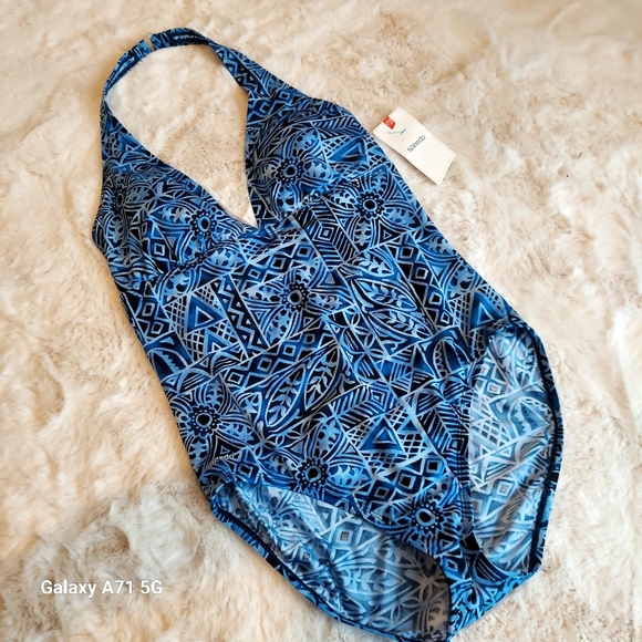 NWT Speedo Halter Tank Bathing Suit Blue Black  Print Sz 16 - Picture 14 of 14